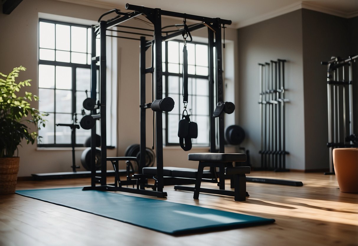 A room with a yoga mat, resistance bands, and a pull-up bar. A chair and a sturdy table for dips and elevated push-ups. Open space for lunges and squats