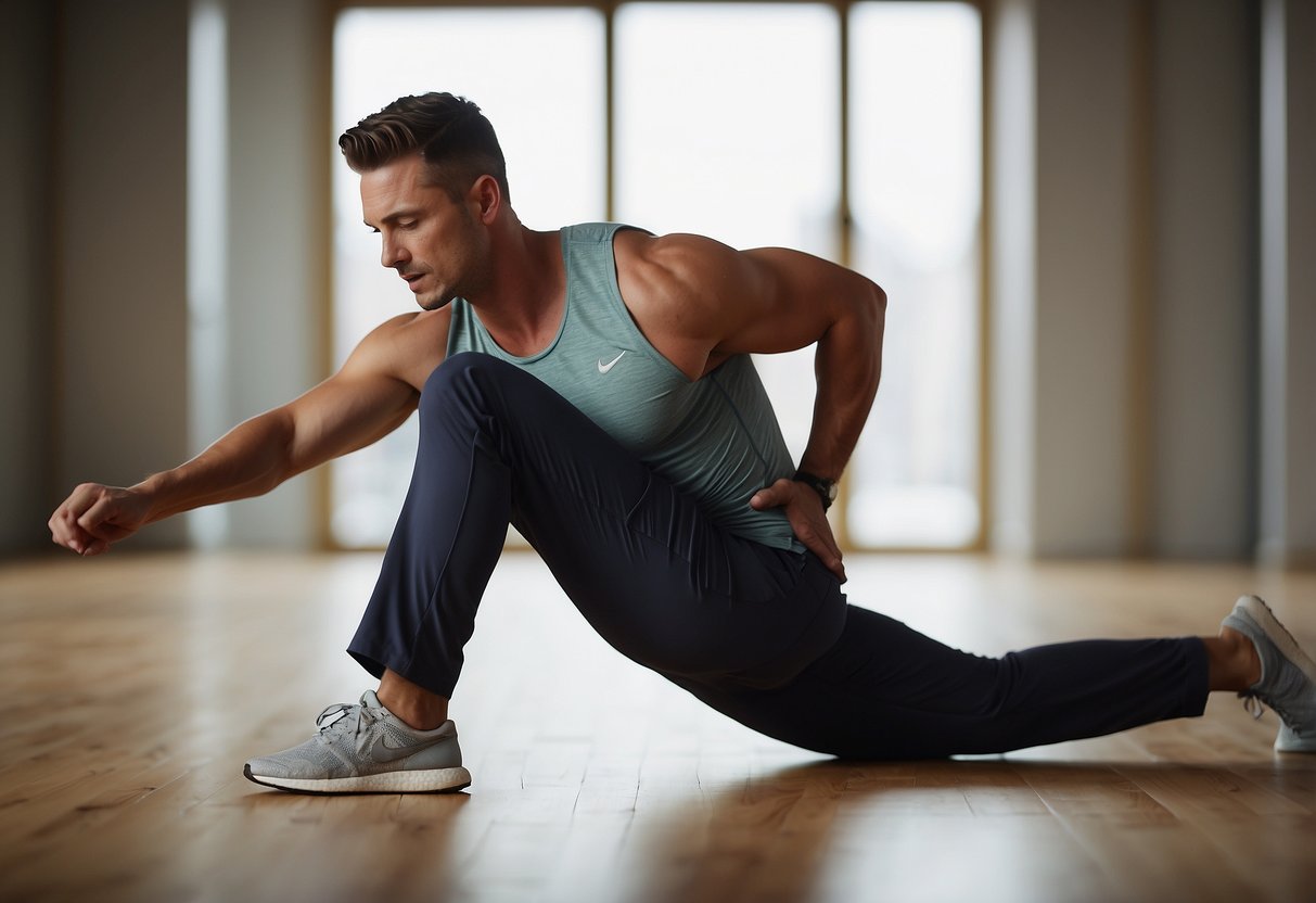 A person performs a dynamic hip flexor stretch, leaning forward with one knee on the ground and the other foot flat on the floor, stretching the front of the hip