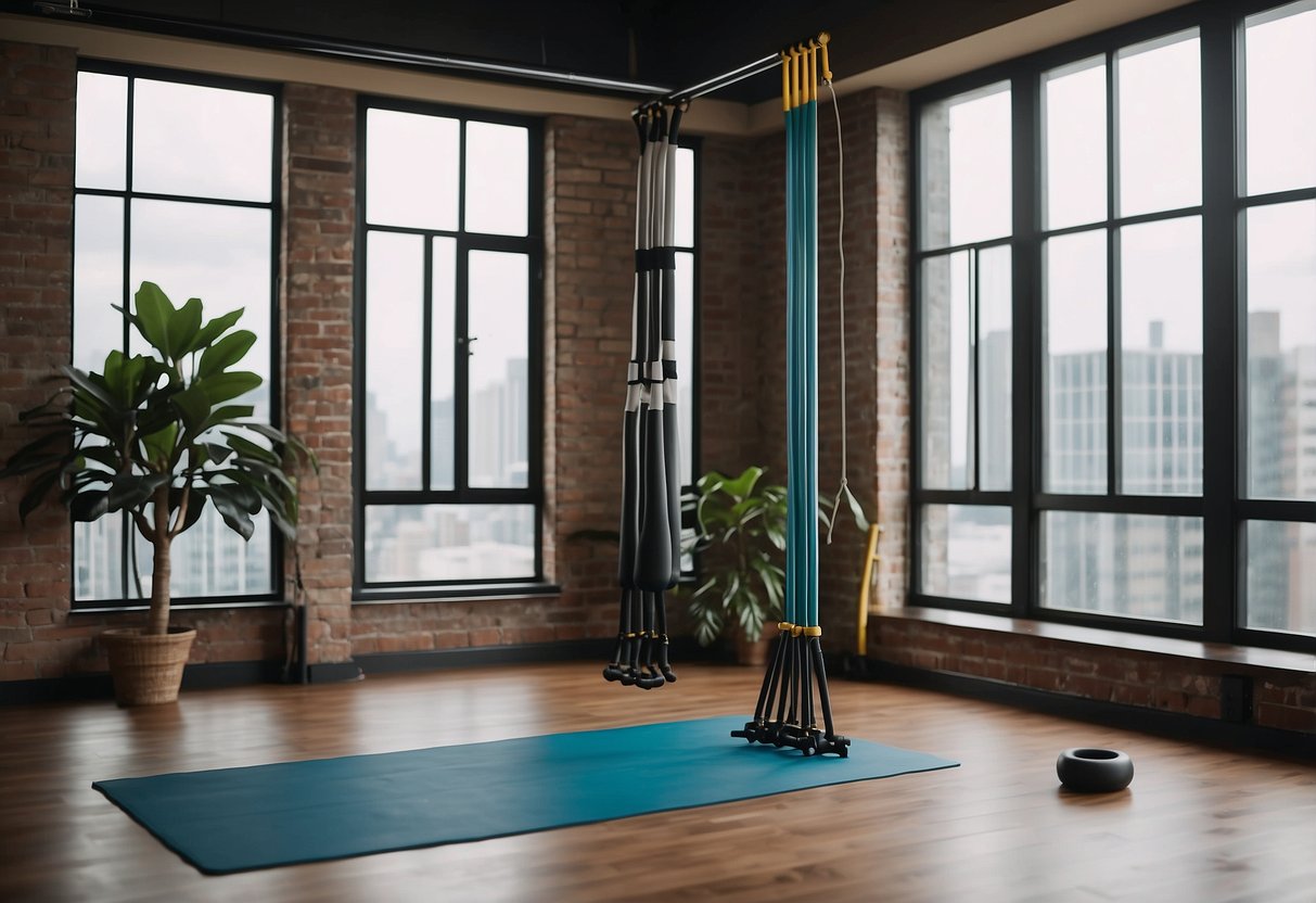 A room with a yoga mat, resistance bands, and a pull-up bar. A wall with a poster of 10 bodyweight exercises