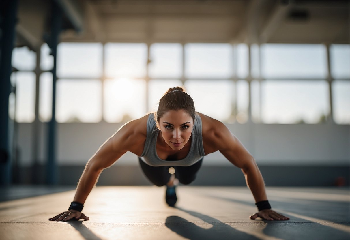 A person is performing burpees in a bright, open space with a clear view of the surrounding area. The person is in a strong, confident stance, with their body fully extended at the top of the movement