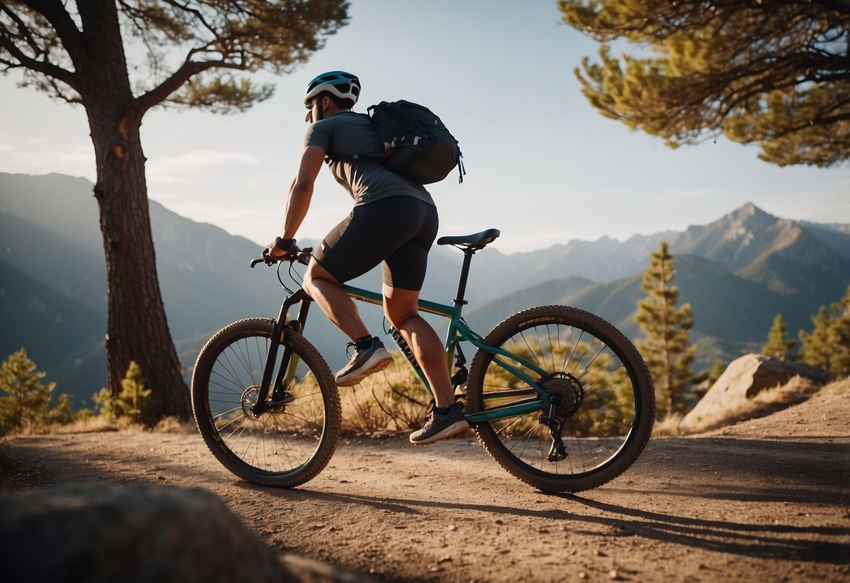 A person is shown running on a trail, with a mountain bike leaning against a tree. In the background, a yoga mat and a set of dumbbells are visible, showcasing a diverse workout routine