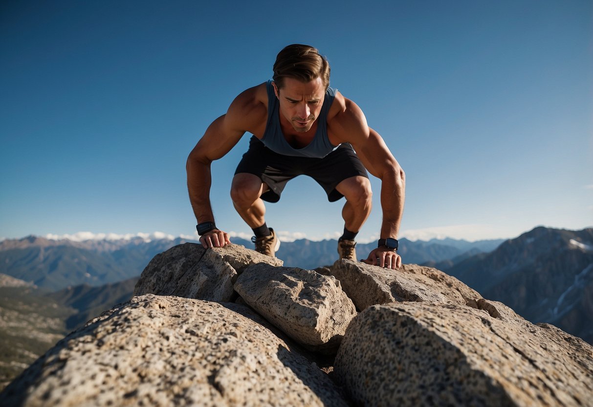 A rugged mountain peak with a clear blue sky, featuring various bodyweight exercises such as push-ups, squats, and planks being performed on the rocky terrain