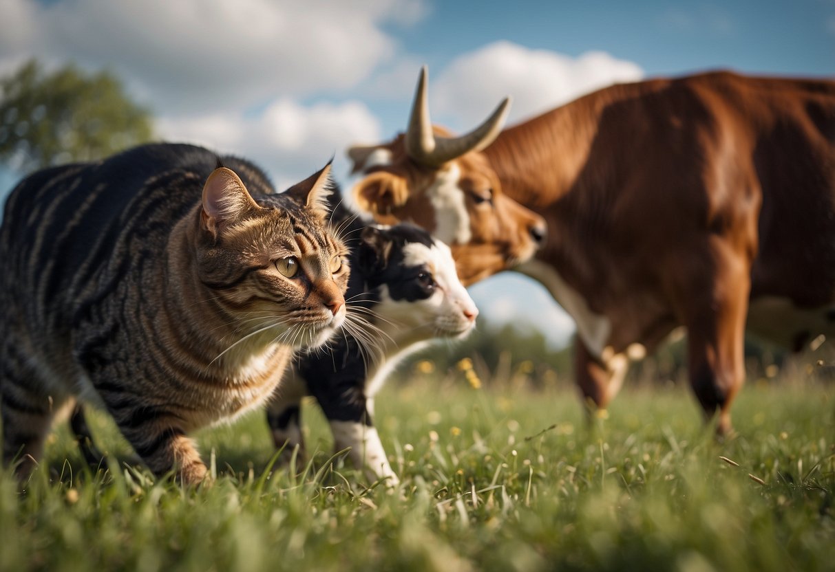 A cat arches its back while a cow stretches its neck upward. Both animals move gracefully in a field, demonstrating top mobility exercises for injury prevention