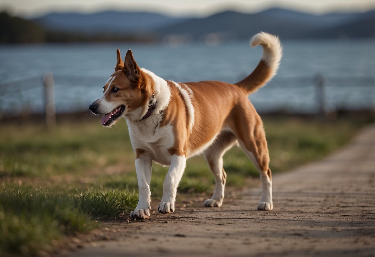 A dog stands on all fours, reaching one front paw out in front while extending the opposite back leg behind