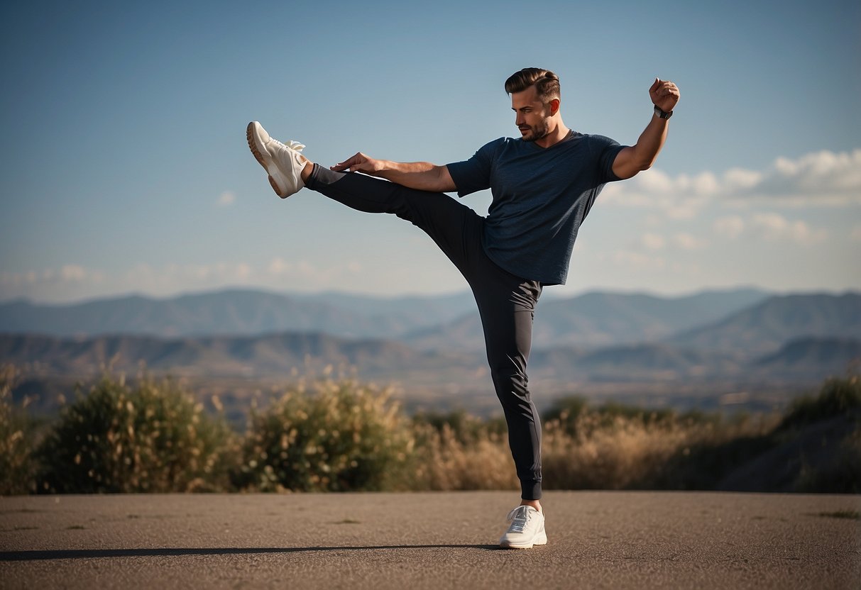 A figure stands on one leg, grasping the opposite ankle behind them, stretching the quadriceps