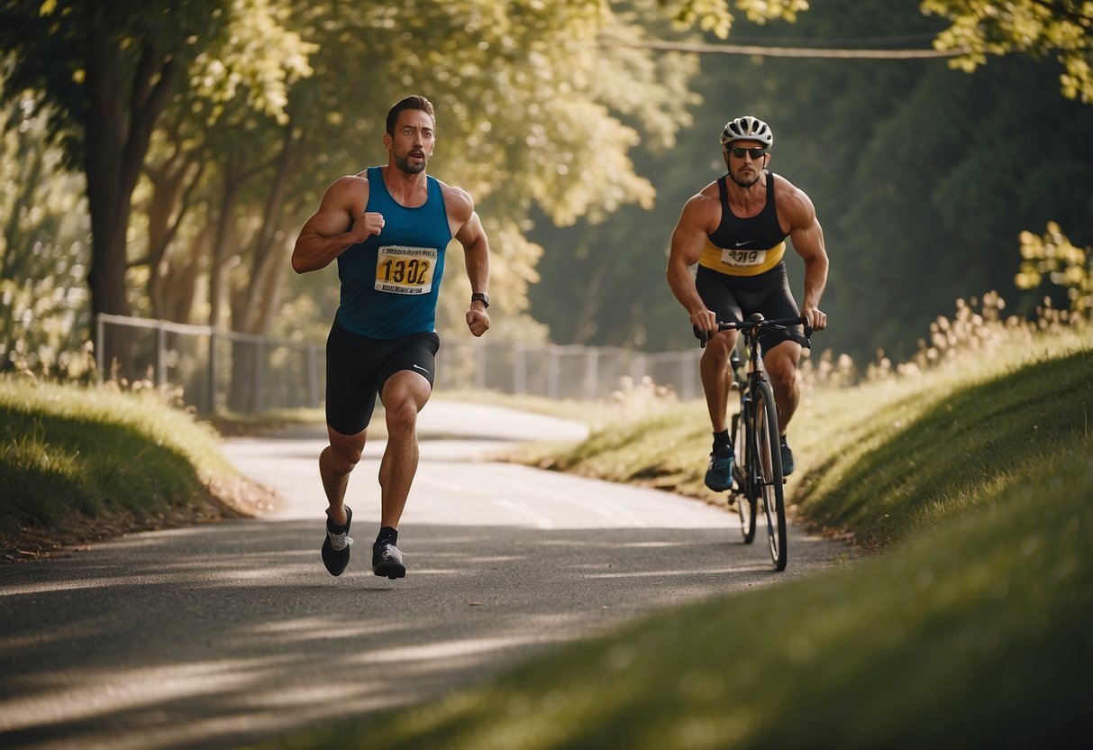 A runner sprints up a hill, while a cyclist speeds along a path. A swimmer does laps in a pool, and a weightlifter lifts in a gym