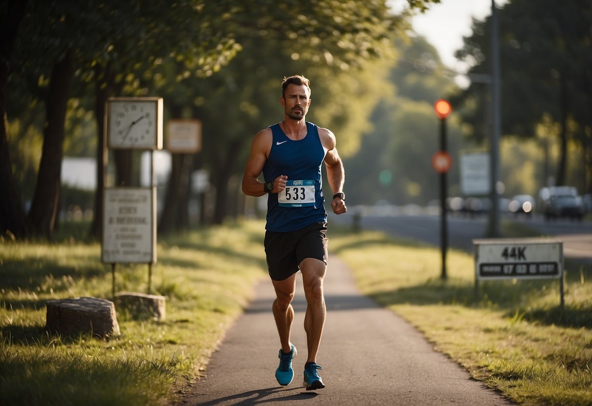 A serene landscape with a runner taking a break, surrounded by signs of overtraining like fatigue, muscle soreness, and a stopwatch indicating excessive exercise