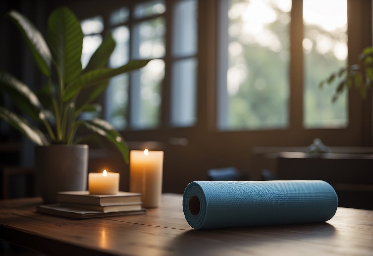 A peaceful, dimly lit room with a yoga mat, foam roller, and soothing music playing in the background. A glass of water and a book on recovery techniques are placed nearby