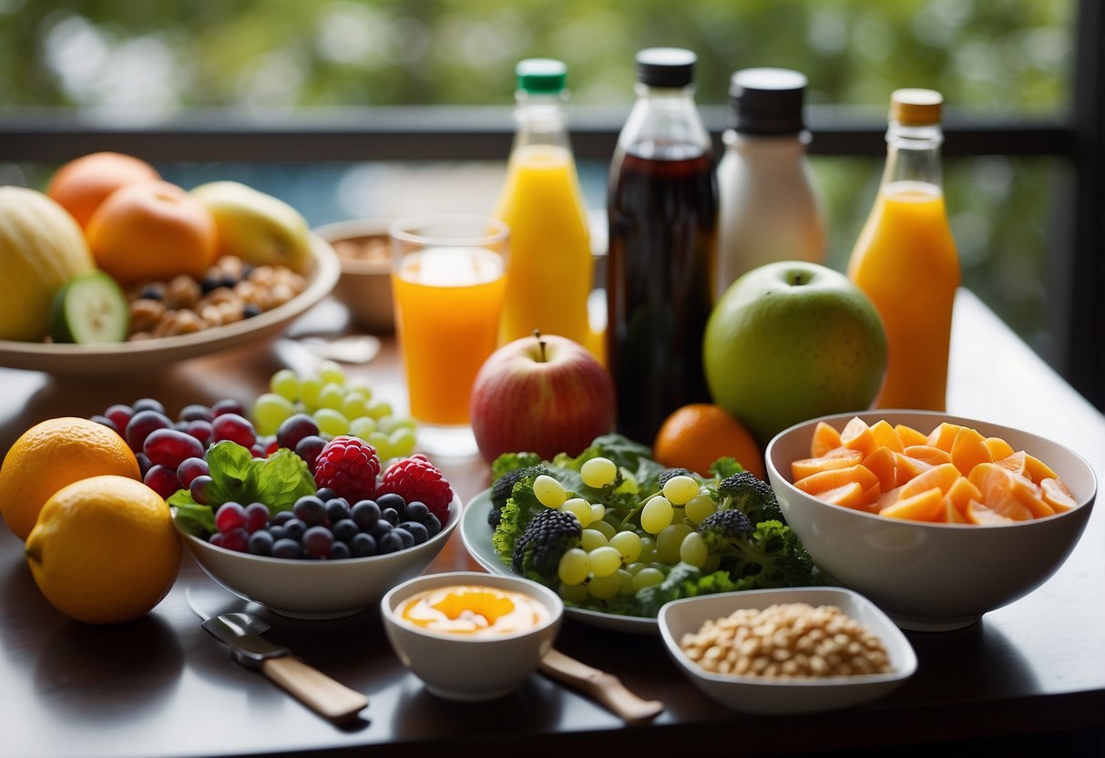 A table with a variety of healthy foods and drinks, alongside a water bottle and exercise equipment, with a caution sign indicating overtraining