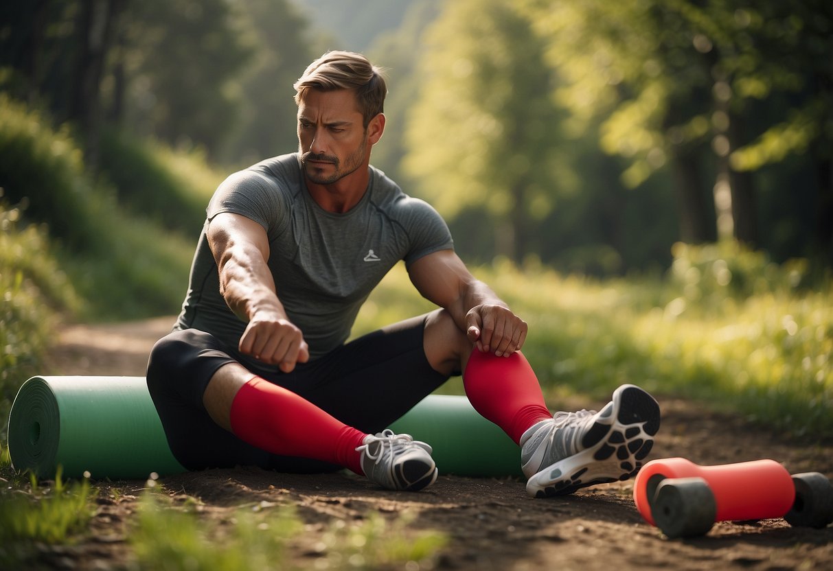 A serene athlete stretches in a peaceful, nature-filled setting, surrounded by recovery tools like foam rollers and resistance bands. Signs of overtraining are symbolized by a red caution sign, while solutions are represented by a green checkmark