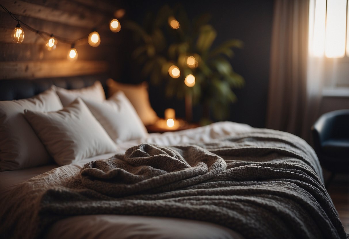 A cozy bed with soft pillows and a warm blanket, surrounded by a peaceful and quiet environment, with dim lighting and soothing music playing in the background