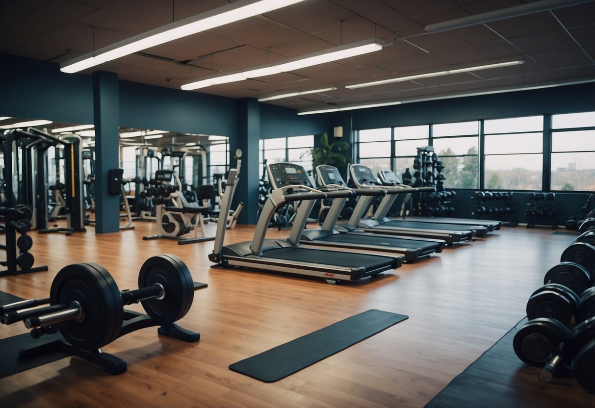 A gym with weightlifting equipment, treadmills, and yoga mats arranged in a spacious, well-lit room