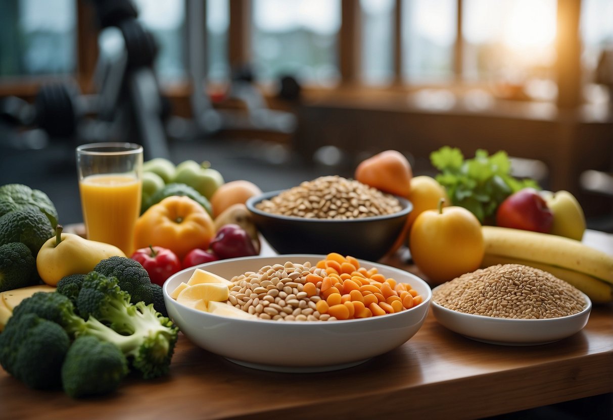 A table with a variety of nutrient-rich foods, such as lean protein, fruits, vegetables, and whole grains. A gym in the background suggests the focus on muscle building