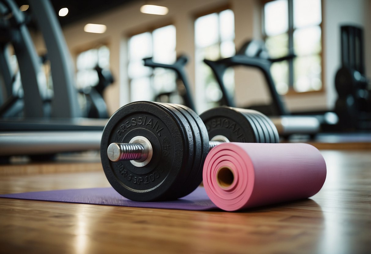 Scene: Dumbbells, resistance bands, and a yoga mat arranged on a gym floor. A treadmill and elliptical machine in the background