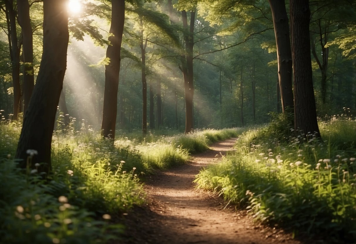 A serene forest clearing with dappled sunlight, a winding trail, and a backdrop of lush greenery. Wildflowers and birds add to the tranquil atmosphere