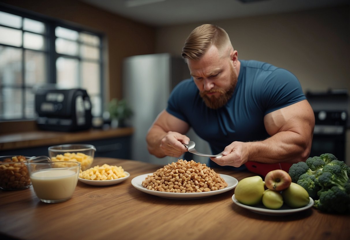 A weightlifter sits at a table, carefully measuring out portions of complex carbohydrates, lean proteins, and healthy fats onto their plate. A nutritionist looks on, offering guidance and advice