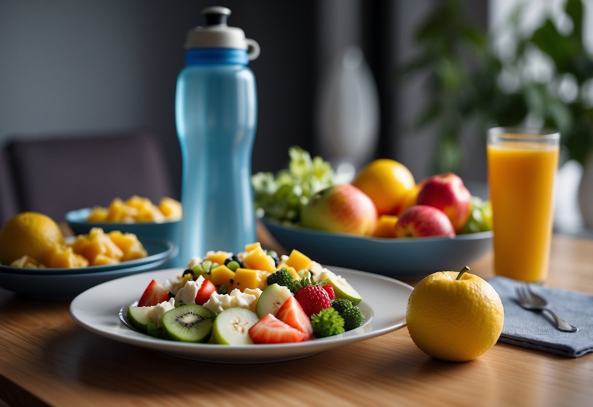 A water bottle next to a plate of balanced meal, with fruits and vegetables, on a table. A dumbbell and exercise mat in the background