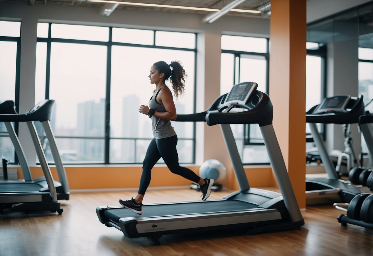 A person running on a treadmill with weights nearby, surrounded by yoga mats and stretching bands