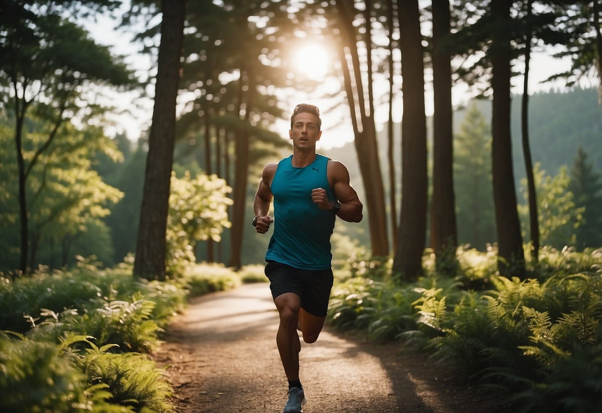 A person exercises indoors, surrounded by gym equipment. Outside, they run on a trail, surrounded by trees and fresh air