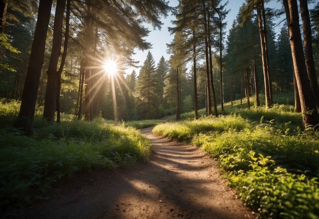 A bright sun shines down on a lush green forest, casting dappled light on a winding trail. A clear blue sky and fresh air create an inviting outdoor workout space