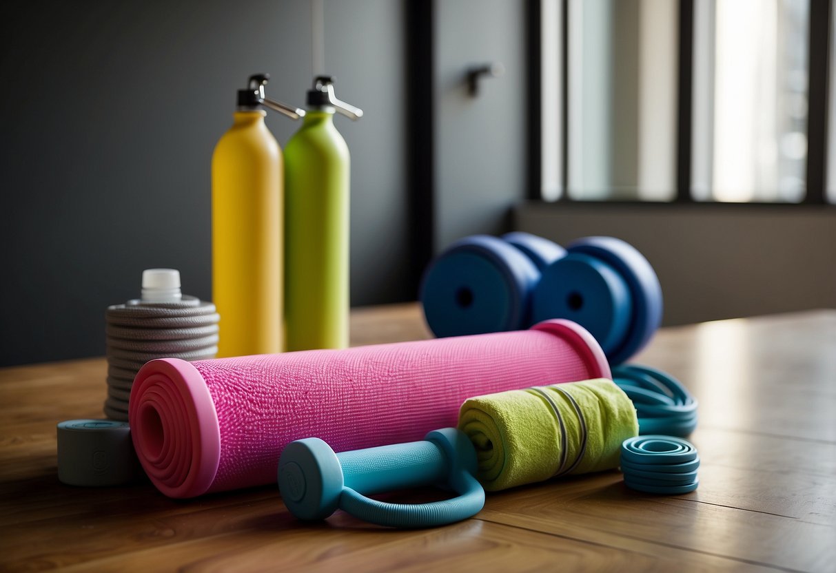 A small room with a yoga mat, dumbbells, resistance bands, and a jump rope. A water bottle and towel sit nearby. A mirror on the wall reflects the space