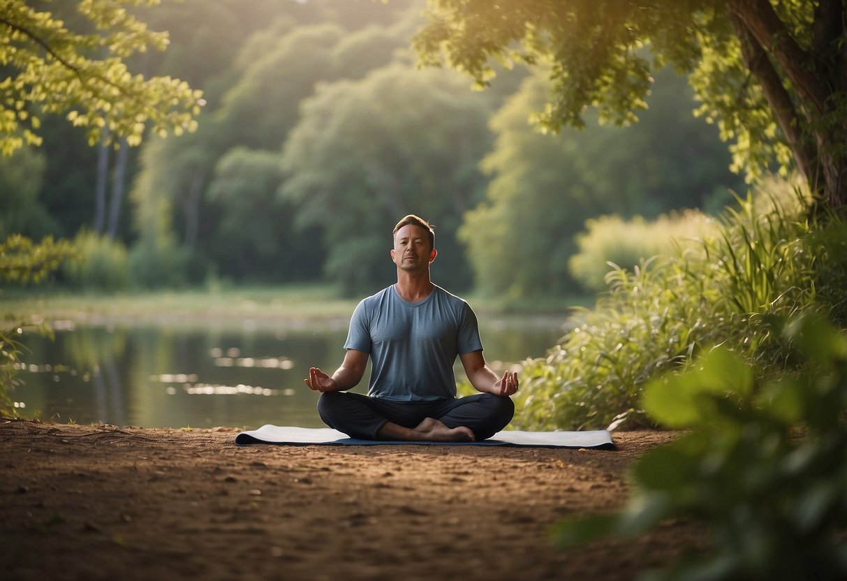 A serene landscape with a person meditating in a yoga pose, surrounded by nature and calm surroundings, with a sense of peace and tranquility