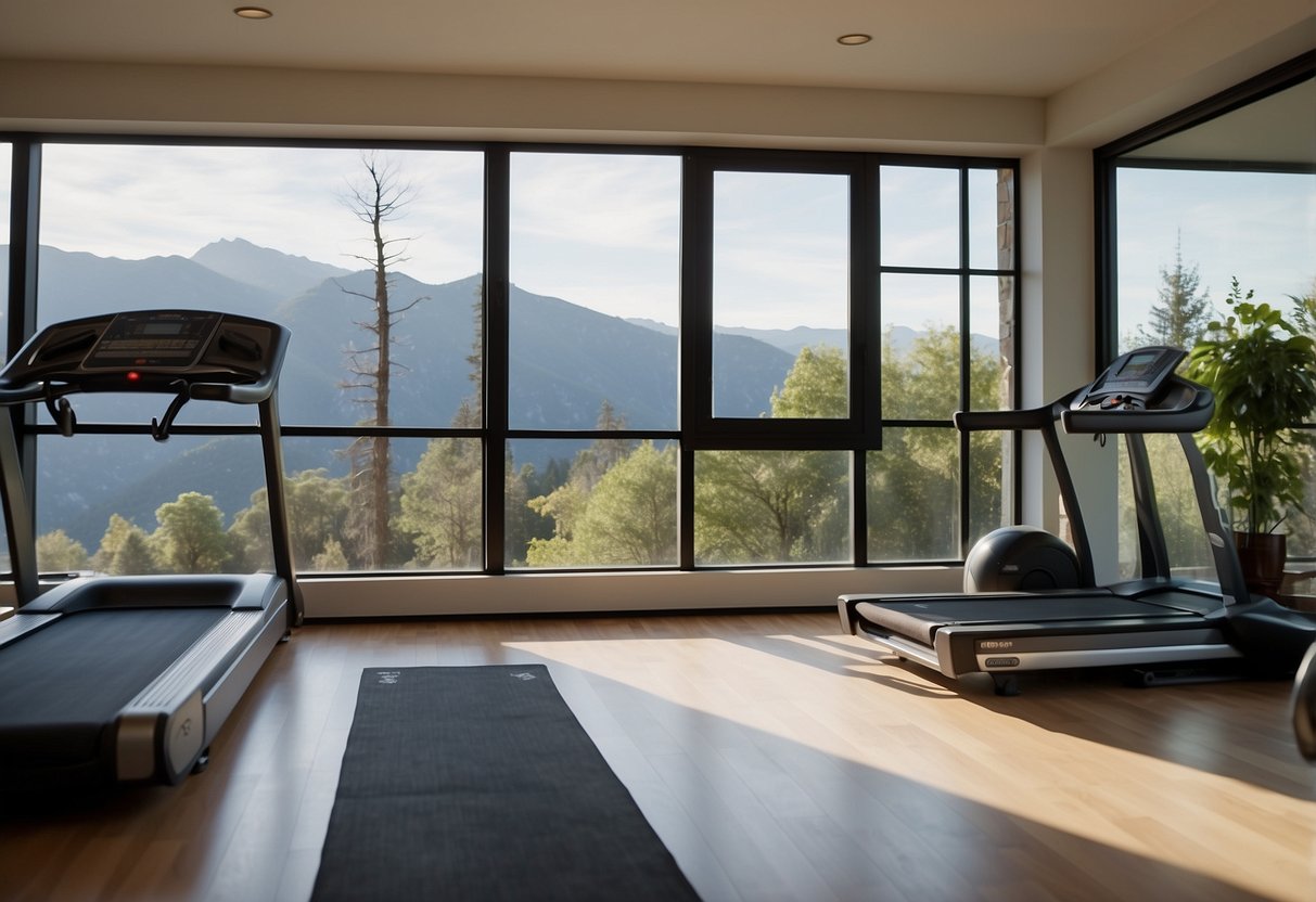 A cozy corner with a treadmill, dumbbells, yoga mat, and resistance bands. A mirror on the wall reflects the natural light coming in from the window, creating a serene and inviting home gym space