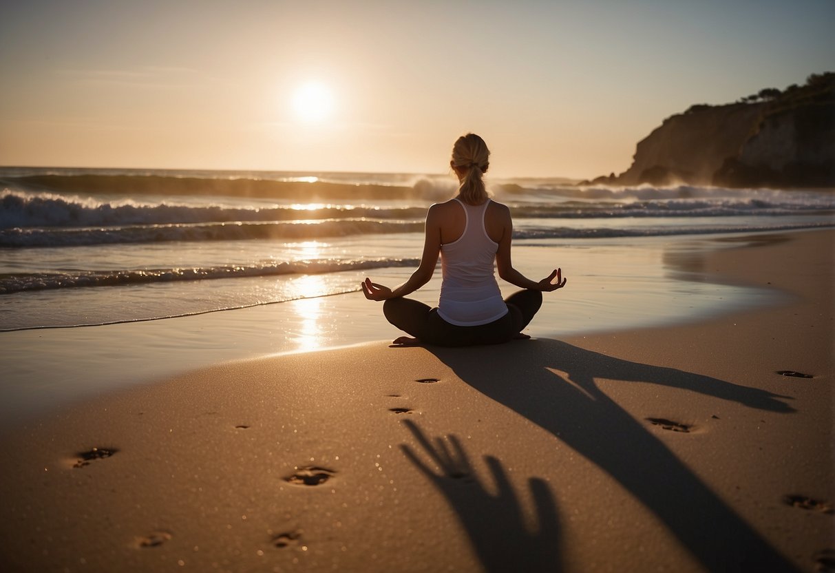 A person practicing yoga on a peaceful beach at sunrise. The sun is rising over the ocean, casting a warm glow on the sand. The person is in a meditative pose, surrounded by the sound of crashing waves