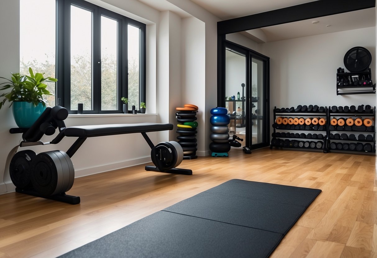 A spacious, well-lit room with rubber flooring and ample ventilation. A sturdy weight bench, adjustable dumbbells, resistance bands, and a yoga mat neatly arranged. Wall-mounted shelves hold water bottles, towels, and a Bluetooth speaker