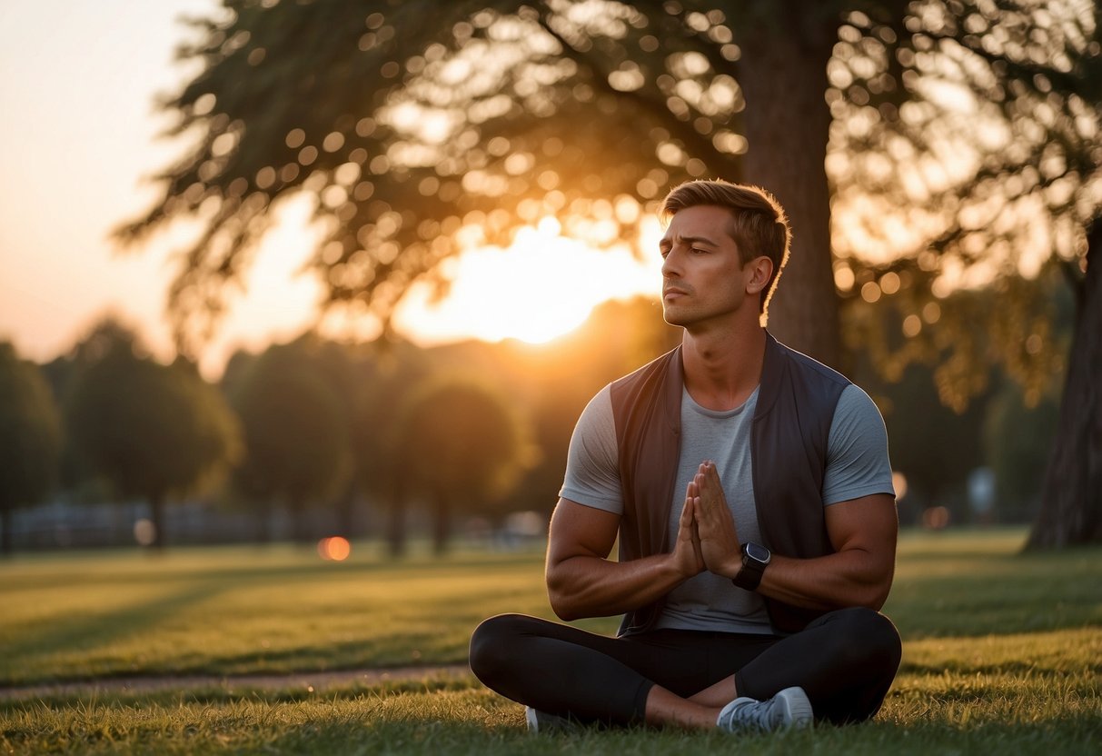 A person meditates while jogging in a serene park, focusing on their breath and surroundings. The sun sets in the background, casting a warm glow over the peaceful scene