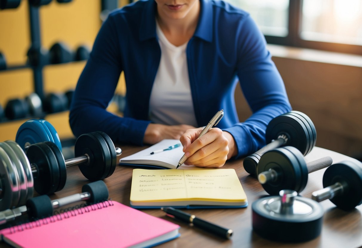 A person surrounded by various fitness equipment and tools, with a notebook and pen in hand, writing down personalized fitness goals and program details