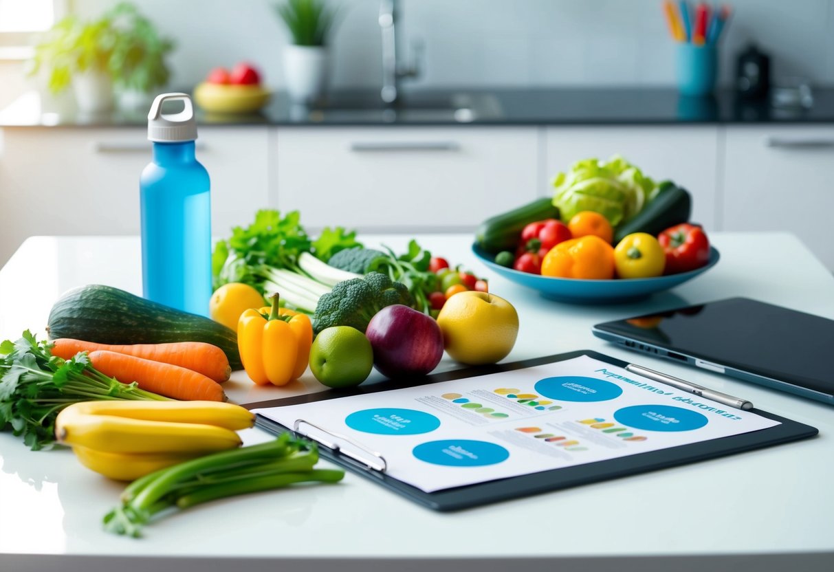 A table with a variety of fresh fruits and vegetables, a water bottle, and a personalized fitness program spread out on a clean, organized desk