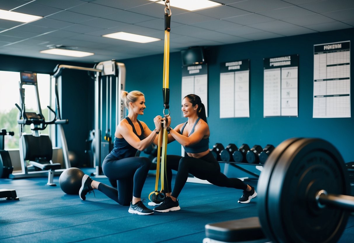 A gym with various equipment, weights, and resistance bands. A trainer guiding a client through exercises. Personalized fitness program charts on the wall