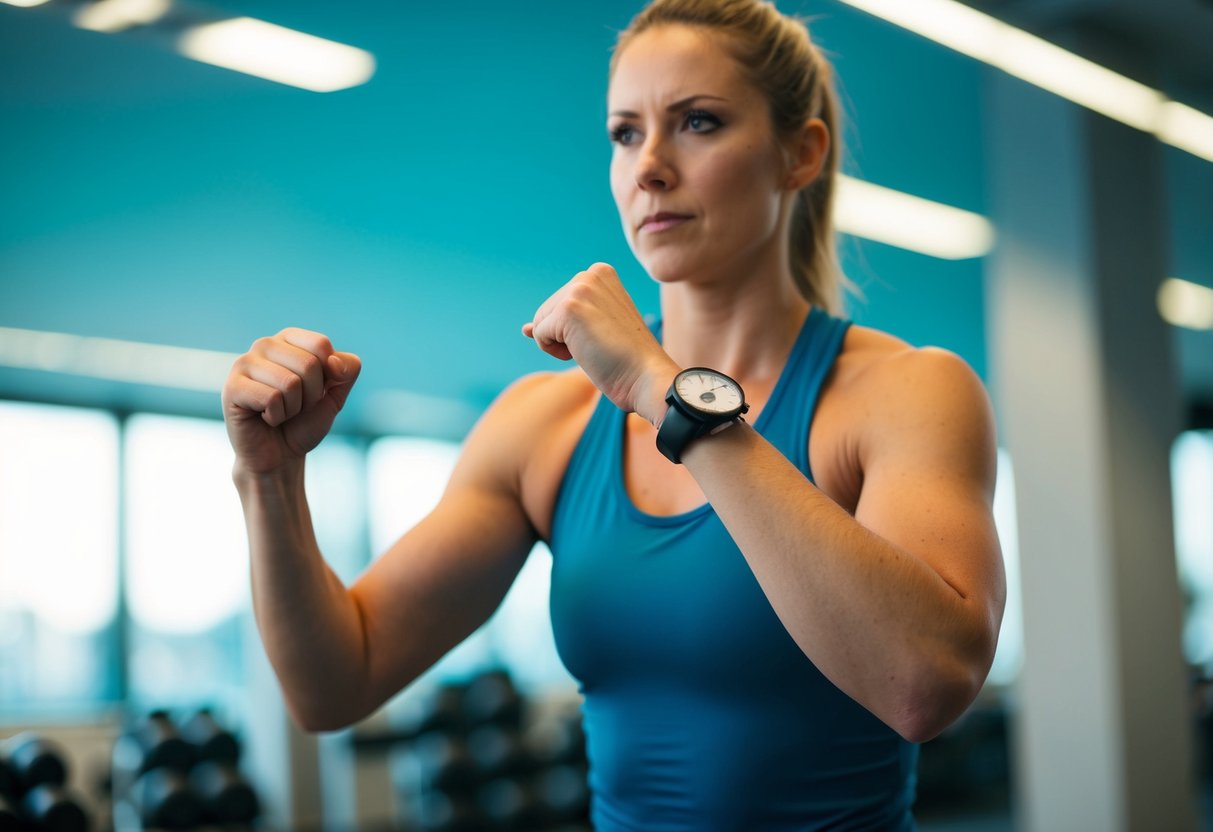 A person performing high-intensity interval training, alternating between intense exercise and brief rest periods, with a stopwatch to time intervals