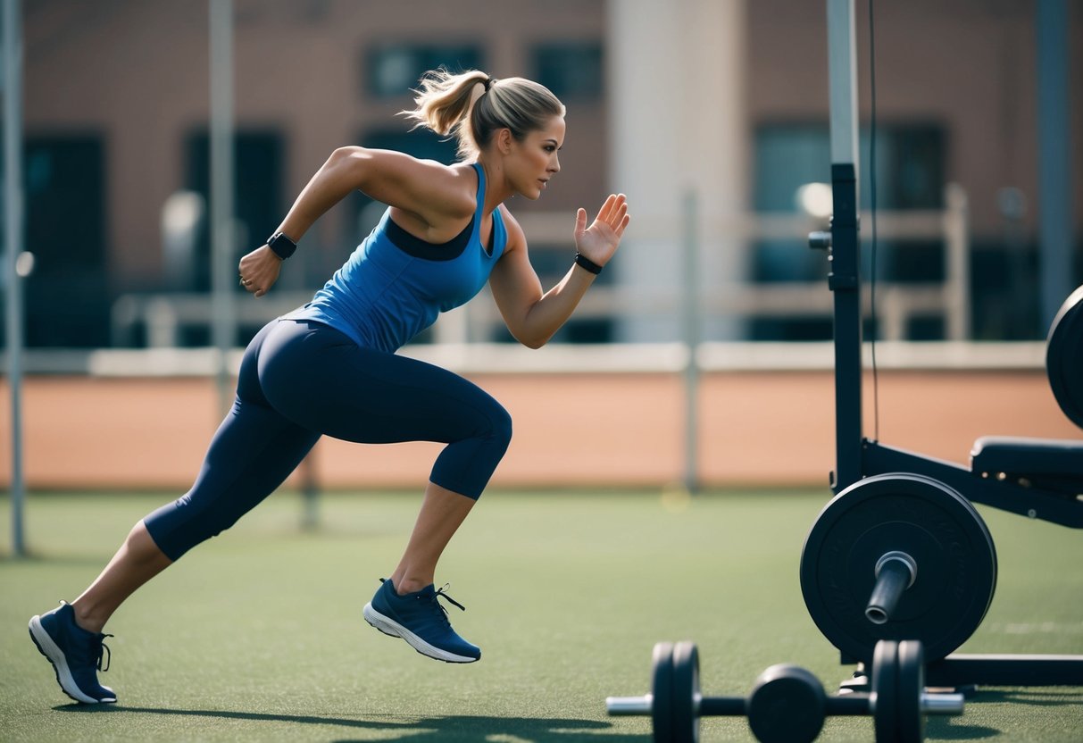 A person performing high-intensity interval training (HIIT) exercises, such as sprinting, jumping, and lifting weights, in a gym or outdoor setting