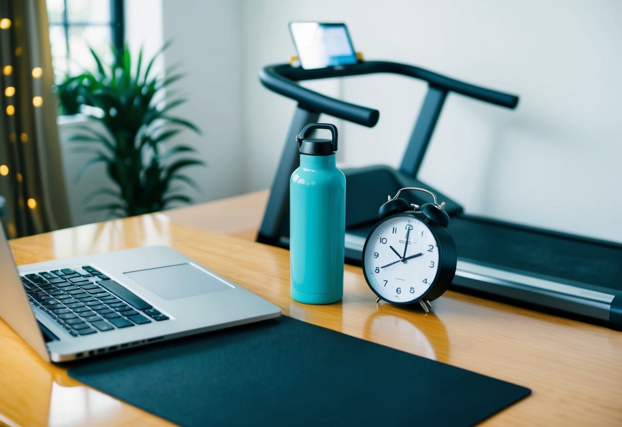 A desk with a laptop, planner, and water bottle. A treadmill or yoga mat nearby. A clock showing both work and workout times