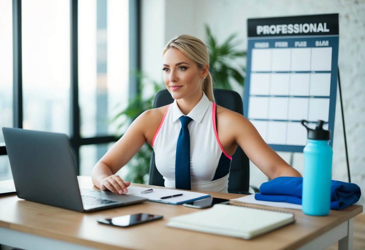 A busy professional at a desk with a calendar, clock, and workout clothes. A laptop and water bottle are nearby