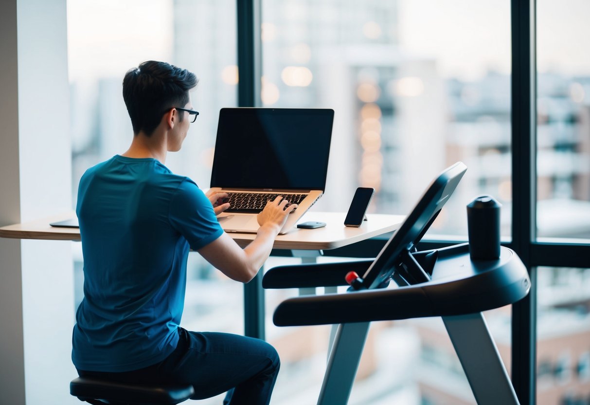 A person working at a desk with a laptop and phone, while also using a standing desk with a treadmill for exercise