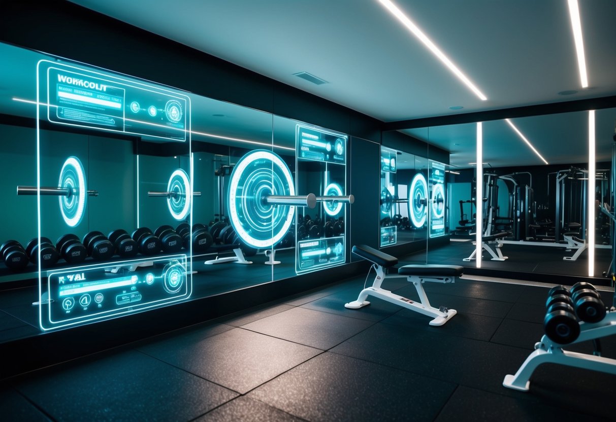 A sleek, futuristic gym setting with holographic workout displays, floating dumbbells, and advanced fitness equipment