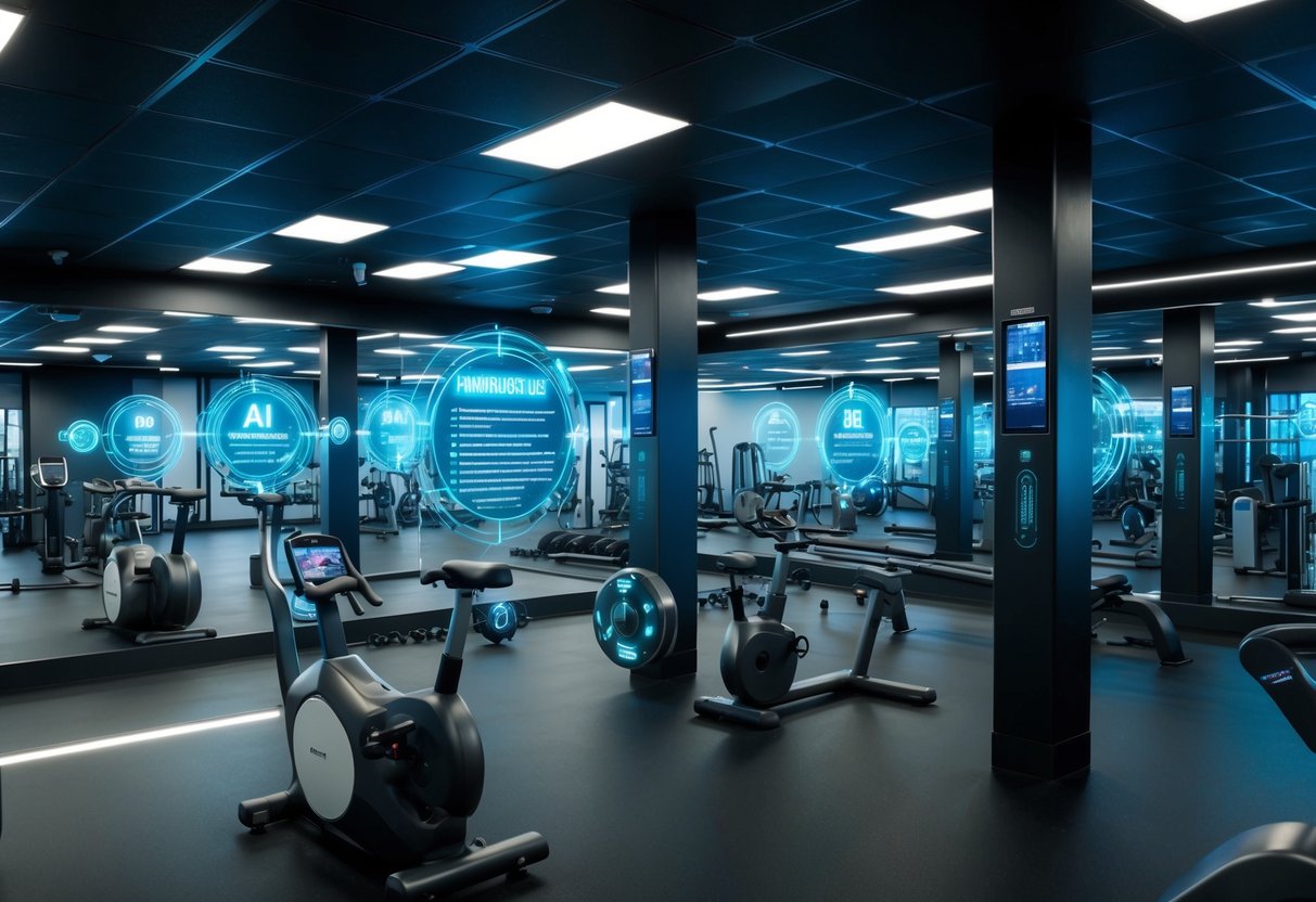 A futuristic gym filled with holographic training programs, AI-powered workout equipment, and sleek wearable fitness gadgets