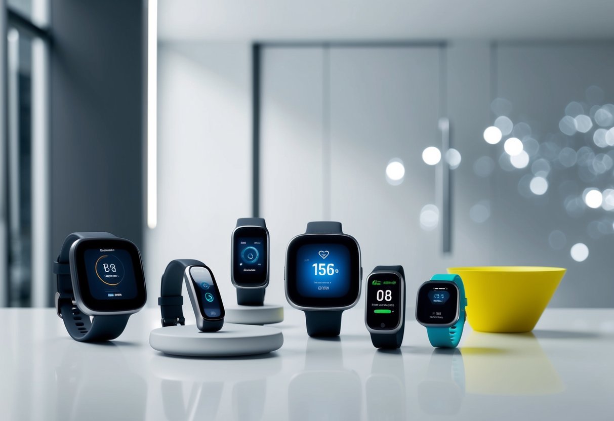 A sleek, futuristic gym setting with various wearable health monitoring devices displayed on a modern, minimalist backdrop