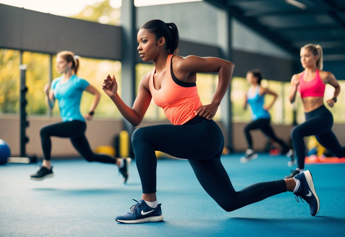 A dynamic warm-up routine: a person stretching, jogging, and doing high knees in a gym or outdoor space