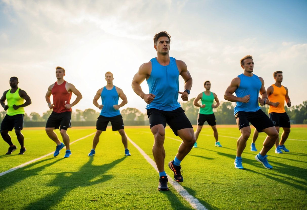 A group of athletes perform dynamic warm-up exercises on a vibrant, open field, with the sun shining brightly in the background