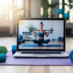 A laptop displaying a virtual workout program with a coach leading exercises, surrounded by yoga mats, weights, and water bottles