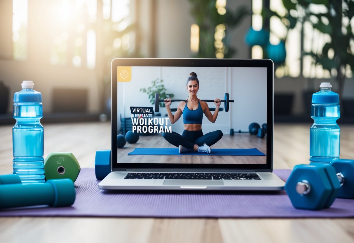 A laptop displaying a virtual workout program with a coach leading exercises, surrounded by yoga mats, weights, and water bottles