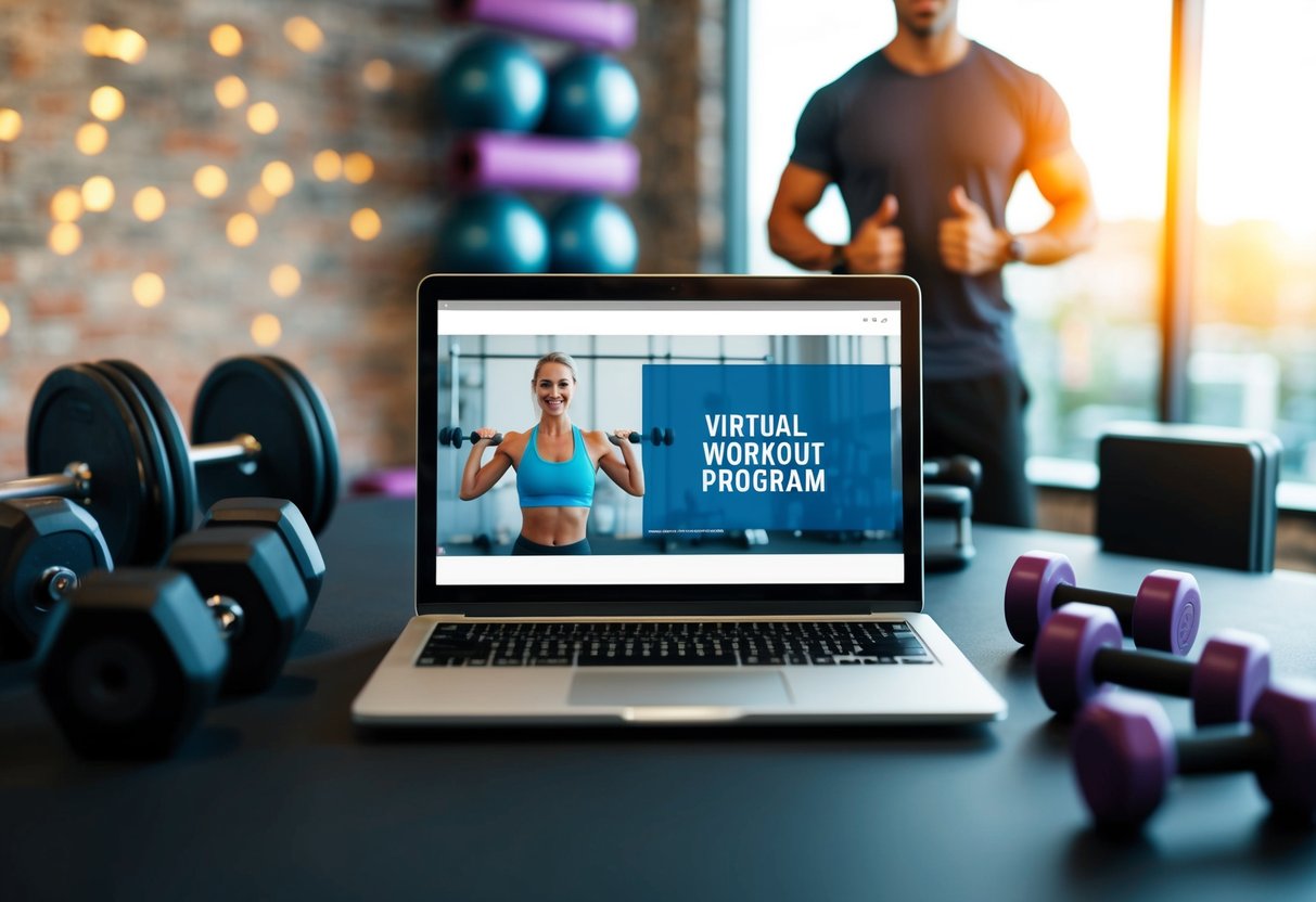 A laptop displaying a virtual workout program with a fitness coach leading an online class, surrounded by exercise equipment and a motivational backdrop