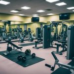 A gym setting with various exercise equipment arranged in a circuit, including weights, resistance bands, and cardio machines. Bright lighting and motivational posters on the walls