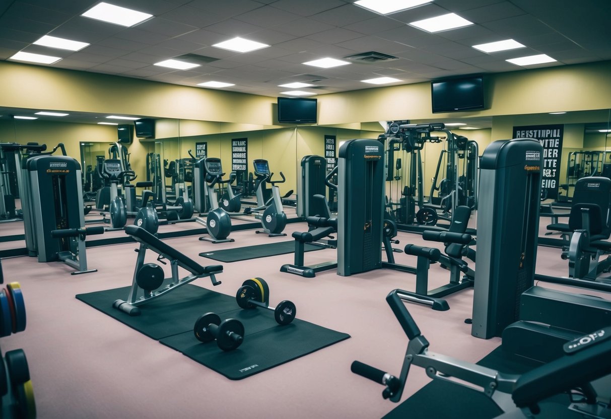 A gym setting with various exercise equipment arranged in a circuit, including weights, resistance bands, and cardio machines. Bright lighting and motivational posters on the walls