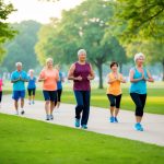 A serene park setting with people of various ages and fitness levels engaging in low-impact exercises such as walking, yoga, and tai chi