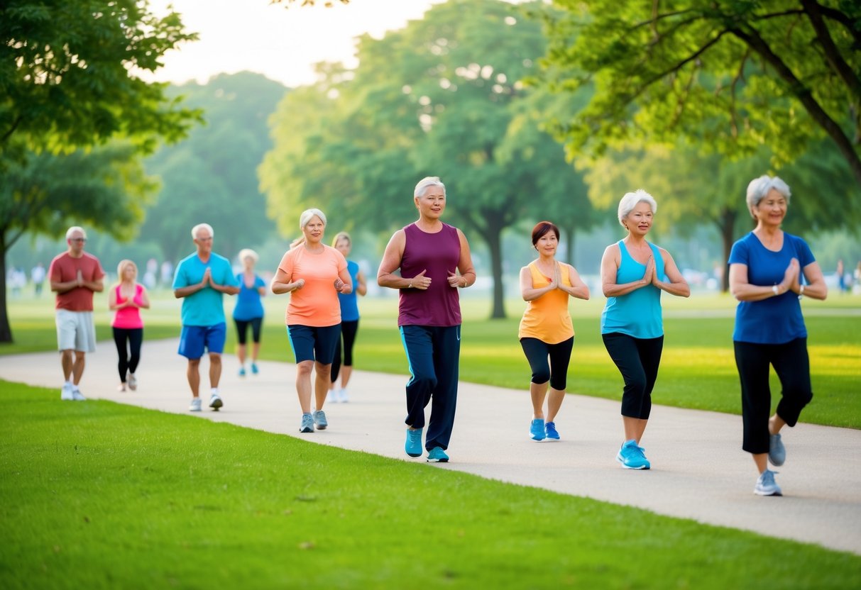 A serene park setting with people of various ages and fitness levels engaging in low-impact exercises such as walking, yoga, and tai chi